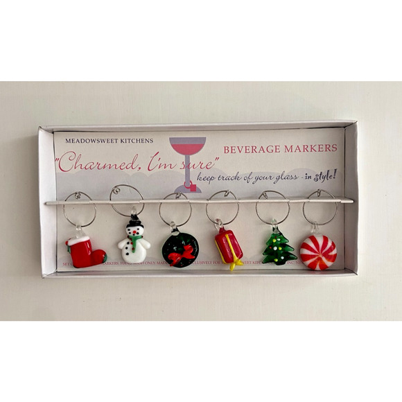 NWOT Meadowsweet Kitchens Wine Glass Drink Charms Christmas Ornament Set Of 6 - Picture 1 of 4